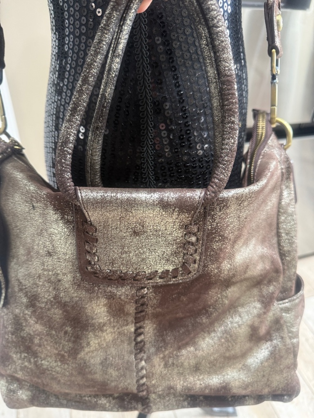 HOBO Metallic Brown Leather Shoulder Tote with Tassel Wristlet - Picture 10 of 10